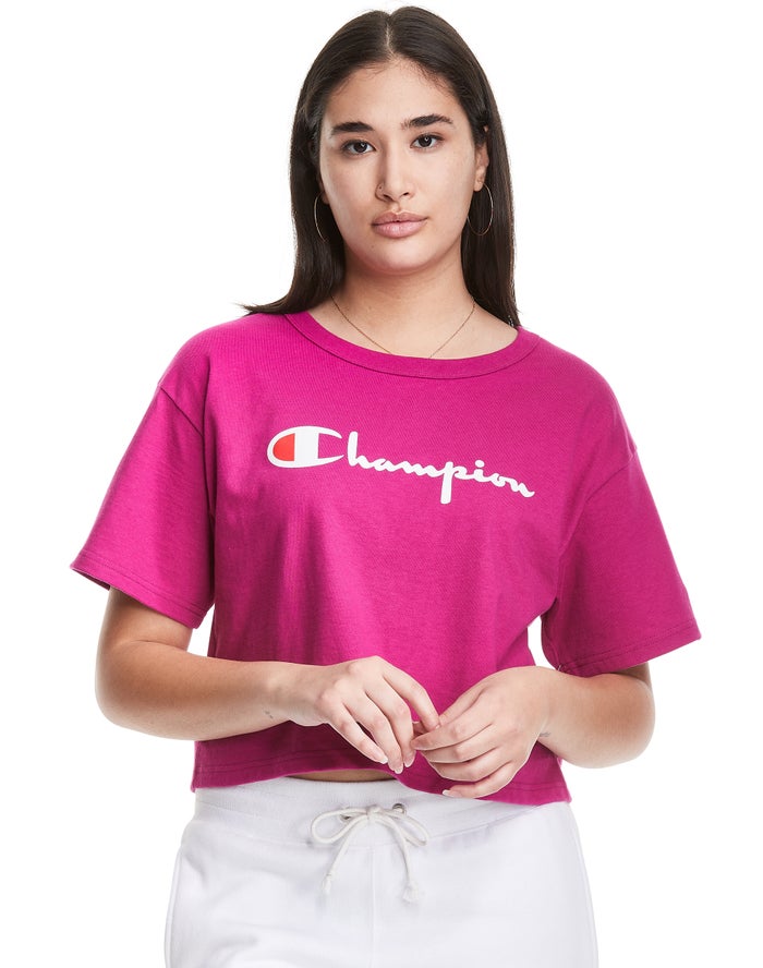 Champion T-Shirt Dames - Roze - Heritage Cropped Script Logo ( 463579-VNK )